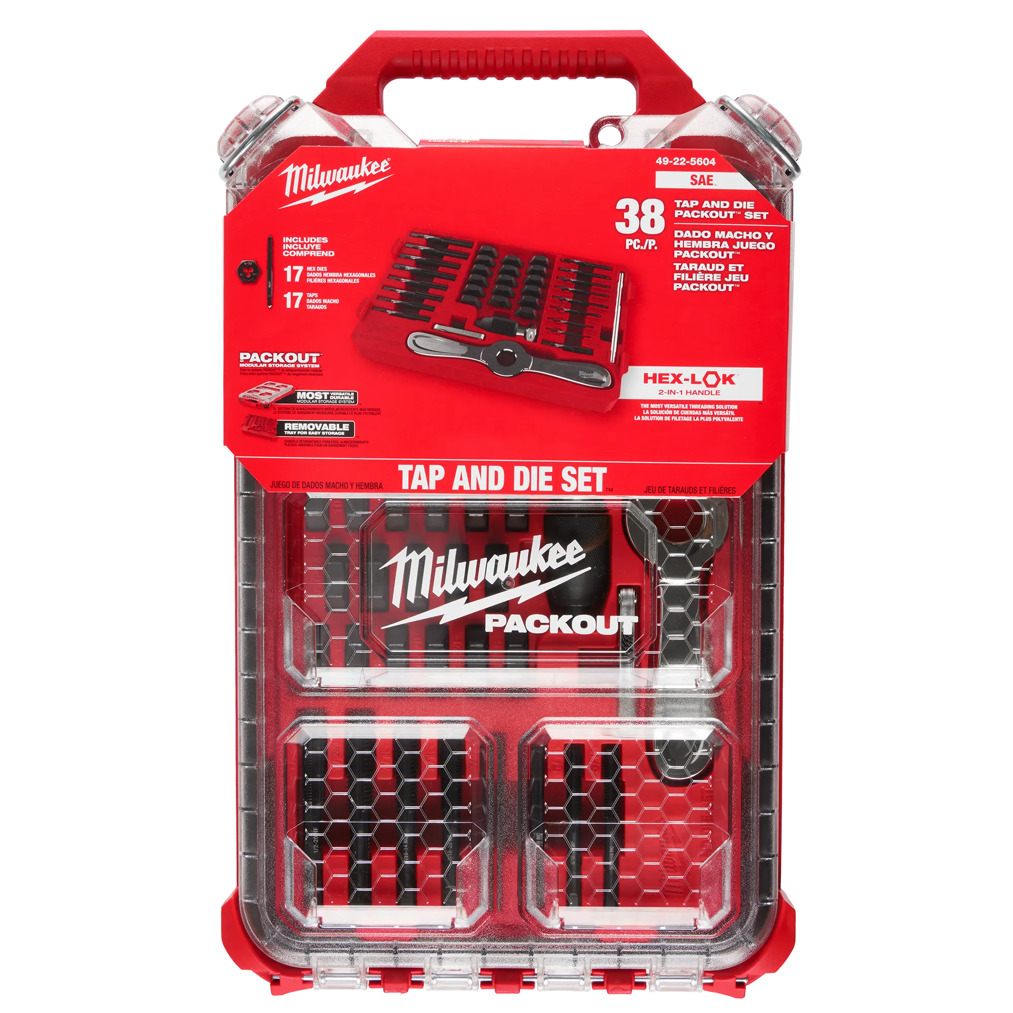 SAE Tap & Die PACKOUT™ Set w/ Hex-LOK™ 2-in-1 Handle - 38PC in its packaging