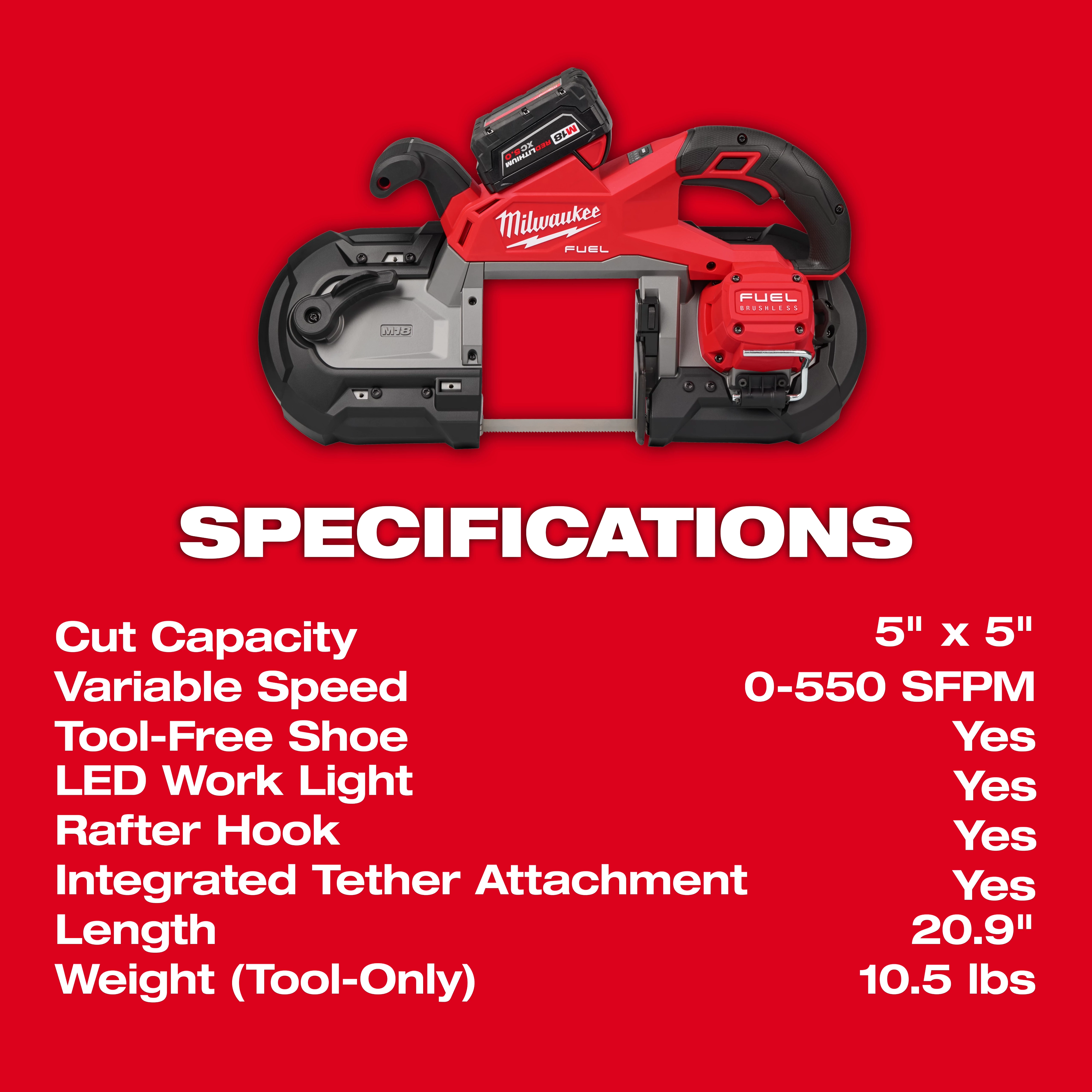 Image of the M18 FUEL Deep Cut Dual Trigger Band Saw w/ ONE-KEY with specifications: 5x5" cut capacity, variable speed, tool-free shoe, LED light, rafter hook