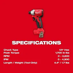 M18 Compact Brushless 1/4" Hex Impact Driver specifications