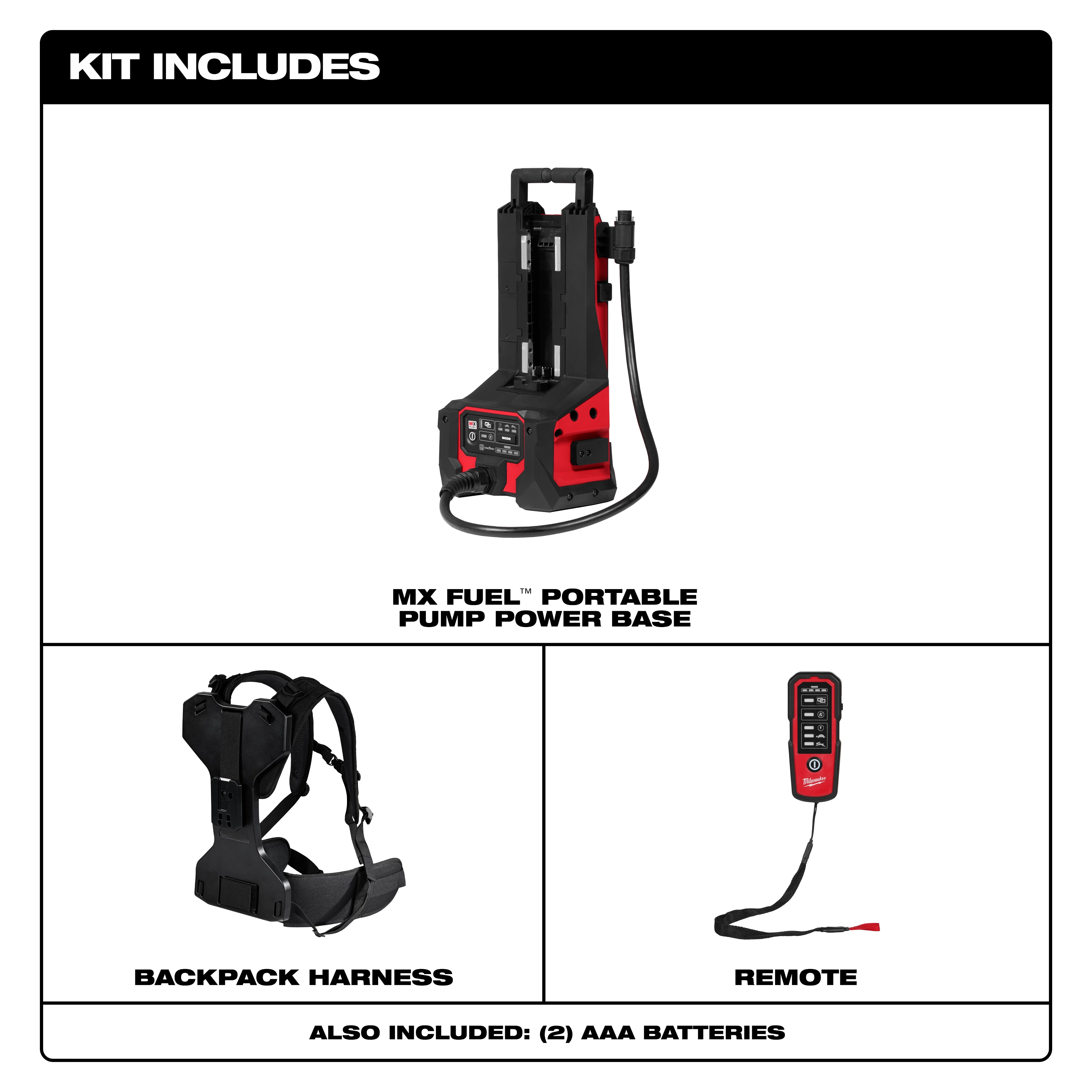 A kit includes the MX FUEL™ Portable Pump Power Base, a backpack harness, and a remote control. Also included are two AAA batteries. The components are displayed in separate sections of the image with labels.