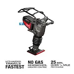 The image shows an MX FUEL™ 70 kg Rammer. It's a heavy-duty construction tool with a sturdy base and handles. The image includes text noting features like hitting harder, no gas headaches, and a 25-minute runtime per charge.