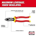 Walkaround image of the Milwaukee 1000V Insulated 9" Lineman's Pliers highlighting its USPs