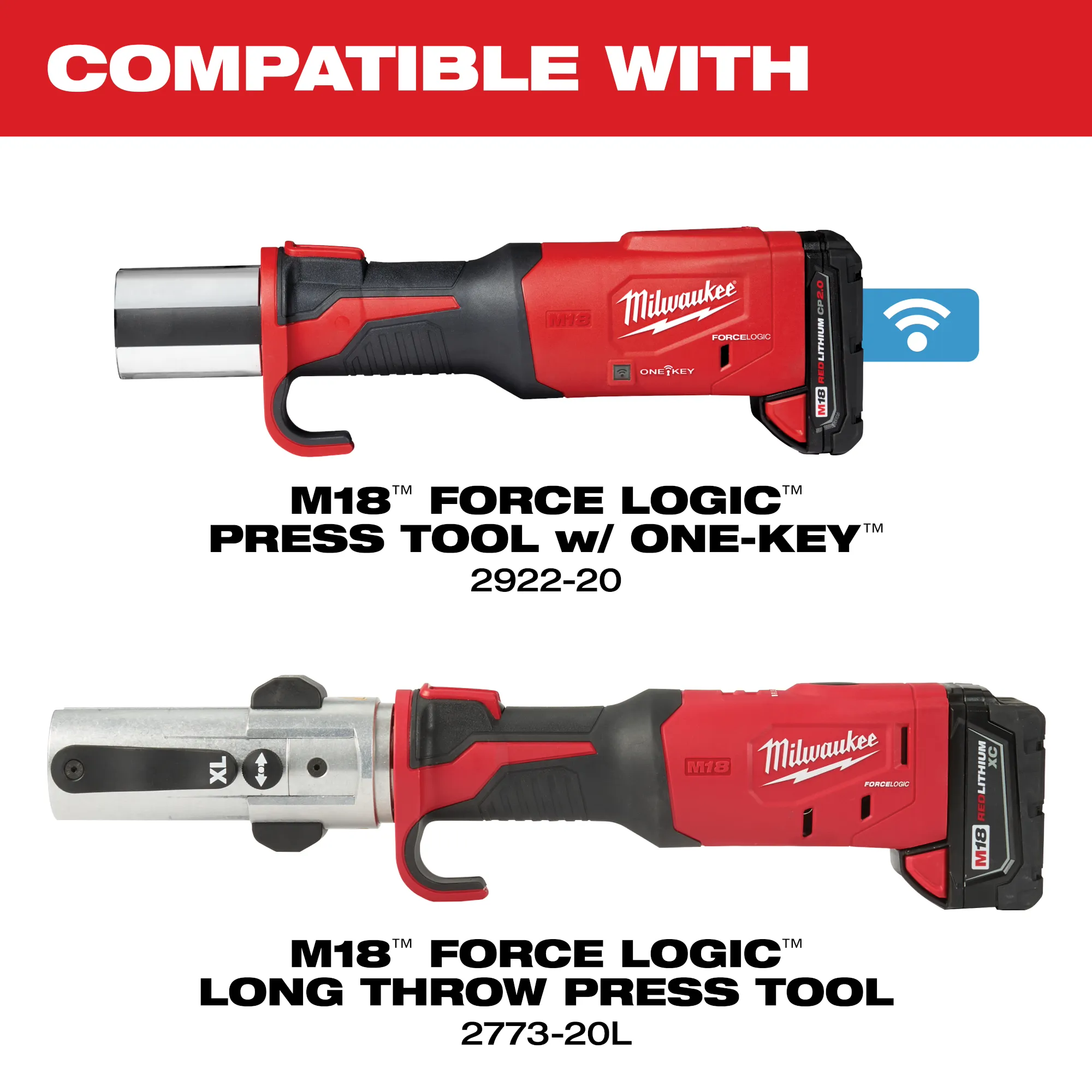 Image of the Milwaukee M18 FORCE LOGIC Press Tool w/ONE-KEY & M18 FORCE LOGIC Long Throw Press Tool with the text "compatible with"