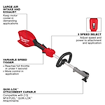 The image shows an M18 FUEL™ Power Head w/ QUIK-LOK™. Features highlighted include a large air intake and exhaust for cooler operation, a variable speed trigger for rapid throttle response, a 3-speed select for adjusting speed and power, and compatibility with 13 M18 FUEL™ QUIK-LOK™ attachments. The power head is red and black with an ergonomic handle and attachment capability.