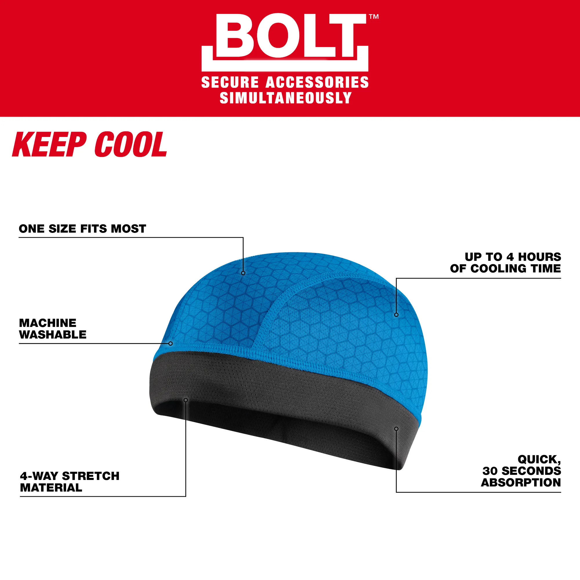 Walkaround image of the Milwaukee BOLT Cooling Skull Cap highlighting its USPs