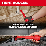 A person using the AIR-TIP™ 4-in-1 Right Angle Cleaning Tool to clean tight spaces around obstacles with its right-angle design. The tool is red, and the scene shows its application in both upper and lower areas. Text reads, "TIGHT ACCESS" and "RIGHT ANGLE DESIGN REACHES AROUND OBSTACLES."