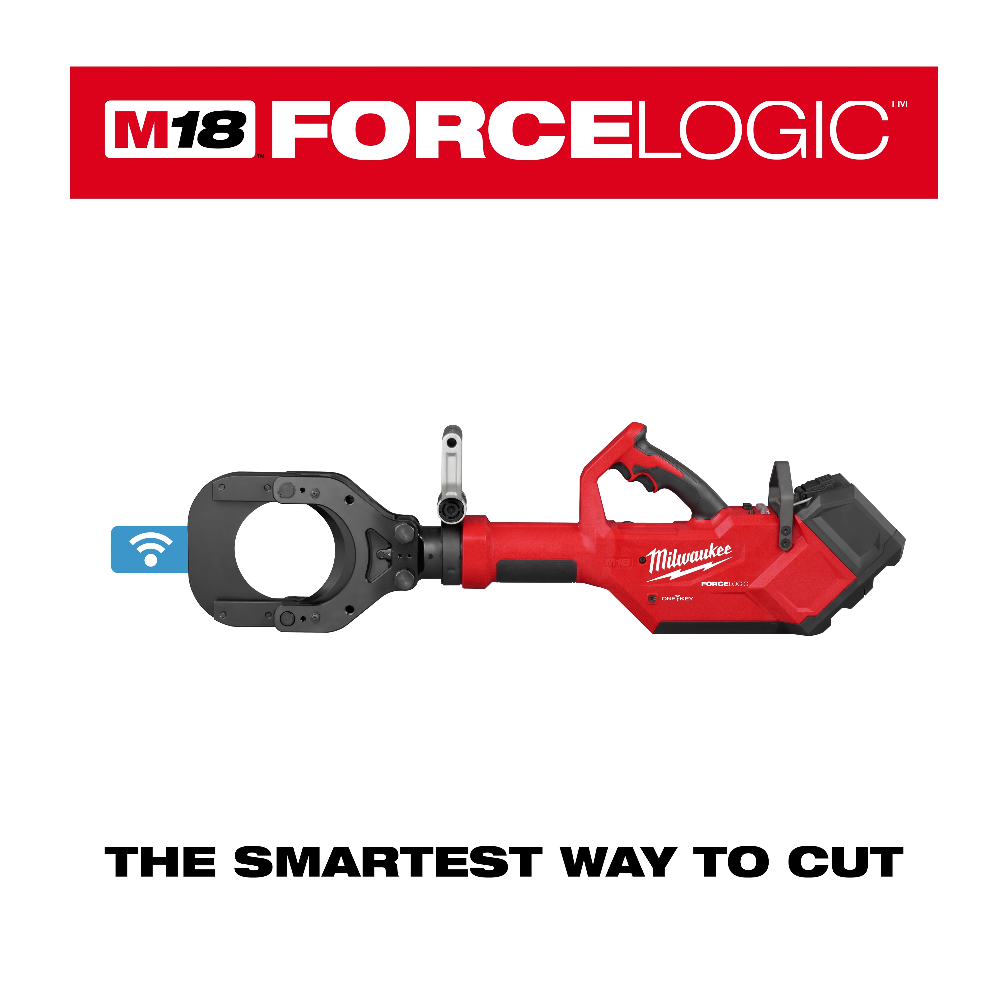 Red Milwaukee M18 FORCELOGIC tool with a circular cutting attachment and text: "The Smartest Way to Cut."