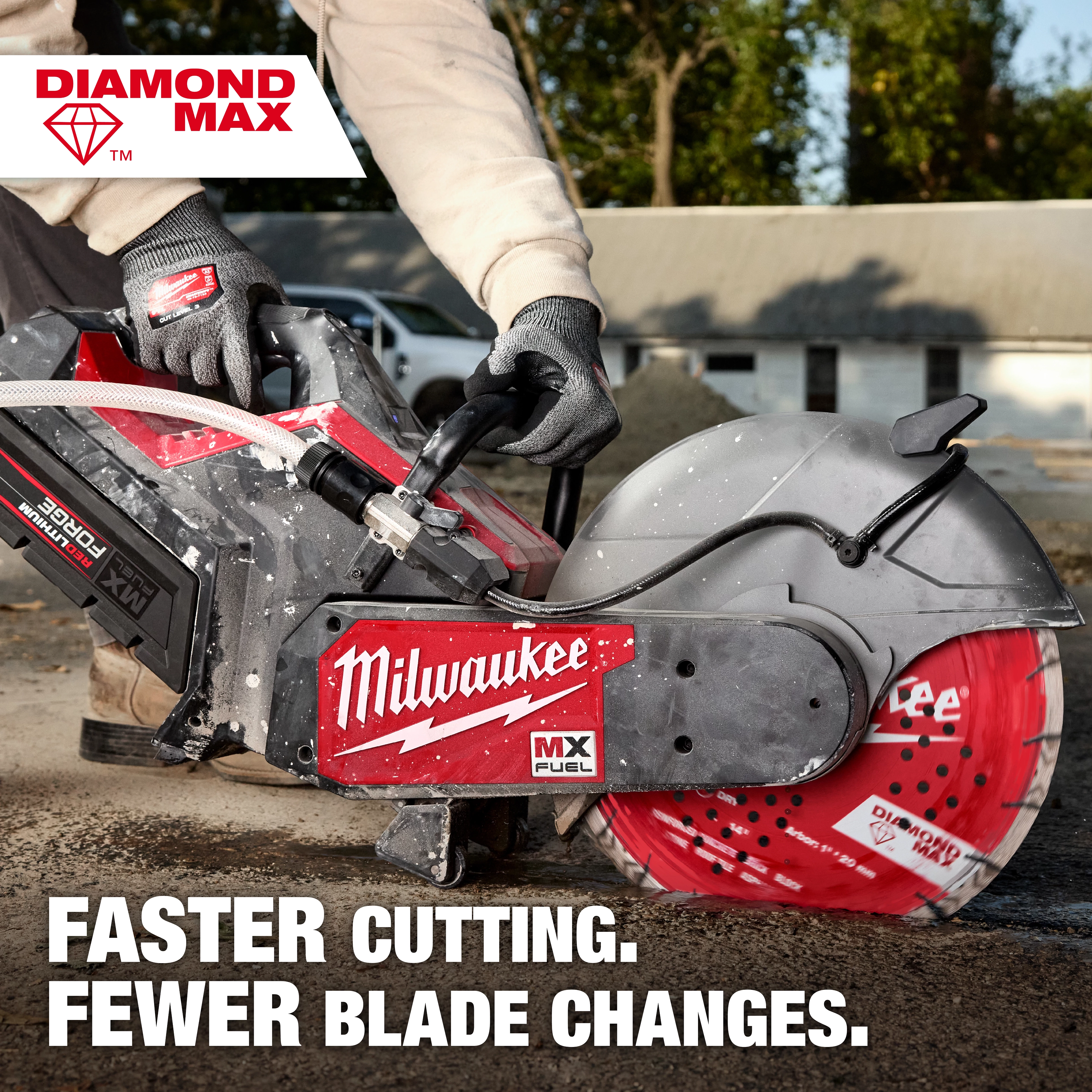 Image of a person using a power saw equipped with a DIAMOND MAX™ All-Purpose Segmented Turbo Diamond Blade. The saw brand is Milwaukee MX Fuel. Text reads: "FASTER CUTTING. FEWER BLADE CHANGES." The DIAMOND MAX™ logo is displayed in the top-left corner.