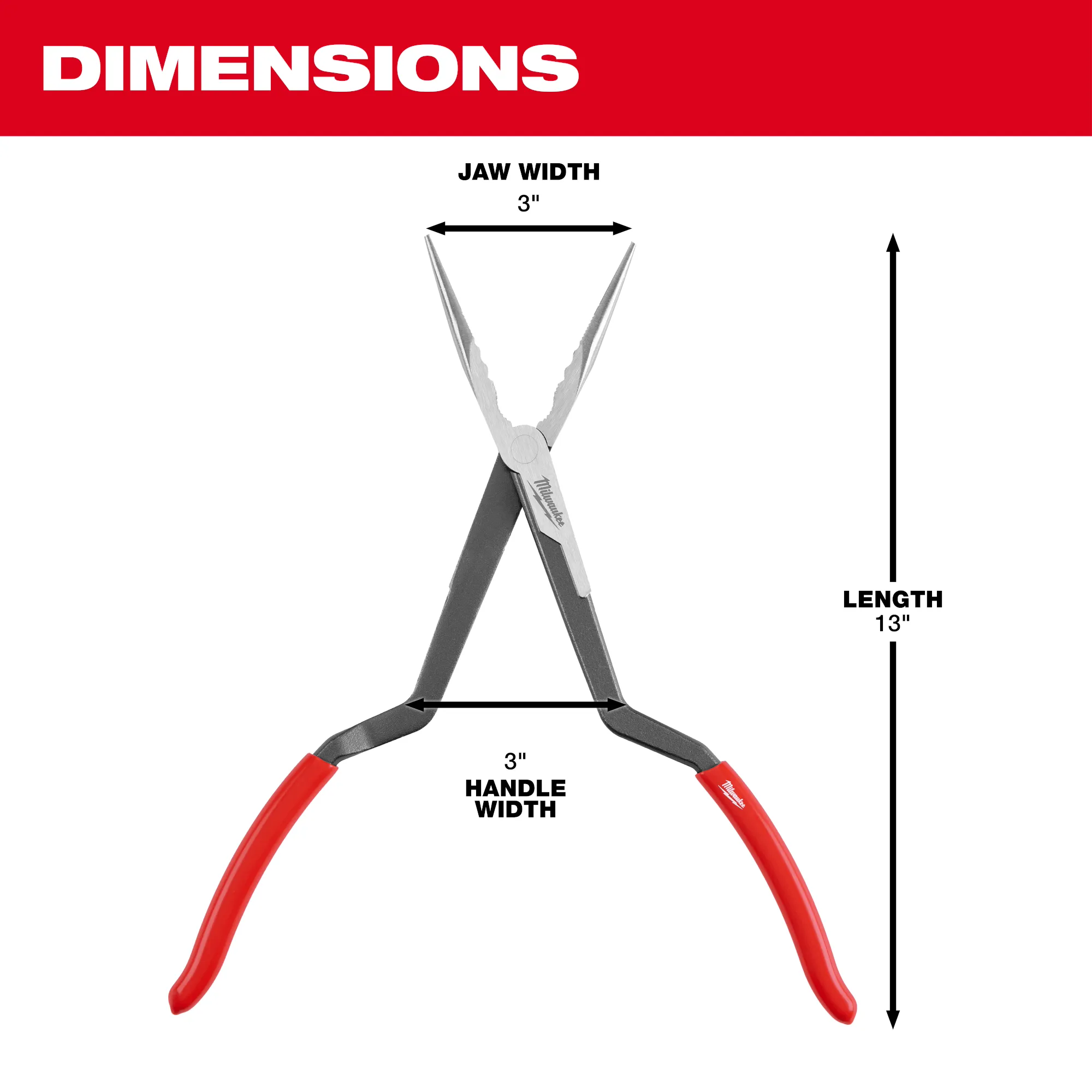 Jaw width: 3", Length: 13", and handle width: 3"