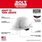 The image shows a BOLT™ White Full Brim Hard Hat w/4pt Ratcheting Suspension (USA) - Type 1, Class E. It highlights features like 4 BOLT™ accessory slots, 2 universal accessory slots, a moisture-wicking sweatband, large sun-blocking full brim, and a quick-adjust ratcheting 4-point suspension. The hard hat complies with ANSI/ISEA Z89.1 and CSA Z94.1 standards. The product is made in the USA and available in additional colors/styles.