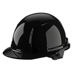 Black construction hard hat with a brim, shown from a side angle.