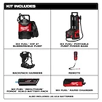 An image displaying a kit that includes an MX FUEL™ Portable Pump Power Base, MX FUEL™ 1HP 2" Submersible Pump, Backpack Harness, Remote, MX FUEL™ REDLITHIUM™ FORGE™ XC8.0 Battery Pack, and MX FUEL™ Rapid Charger. The kit also includes two AAA batteries.