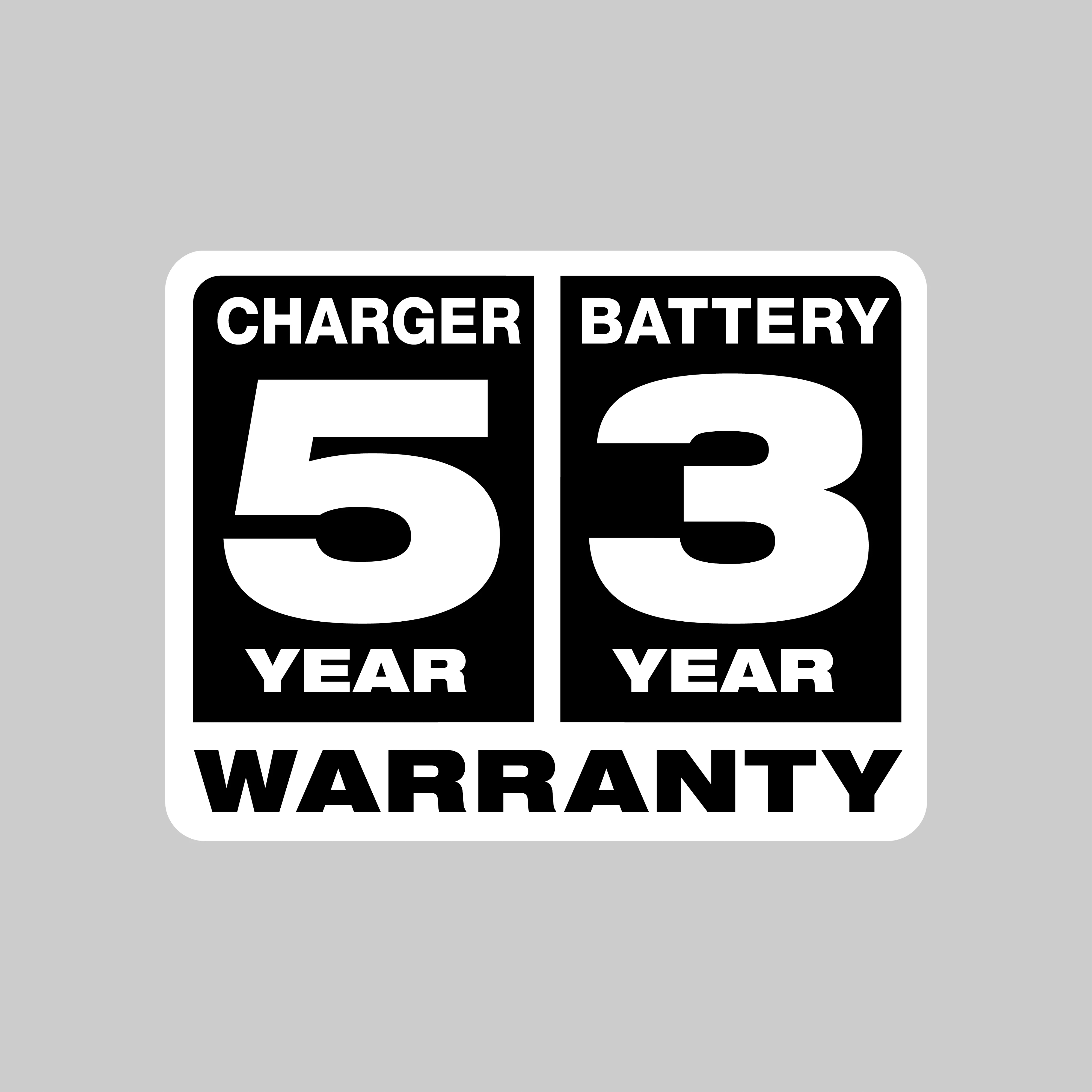 5 year charger, 3 year battery warranty