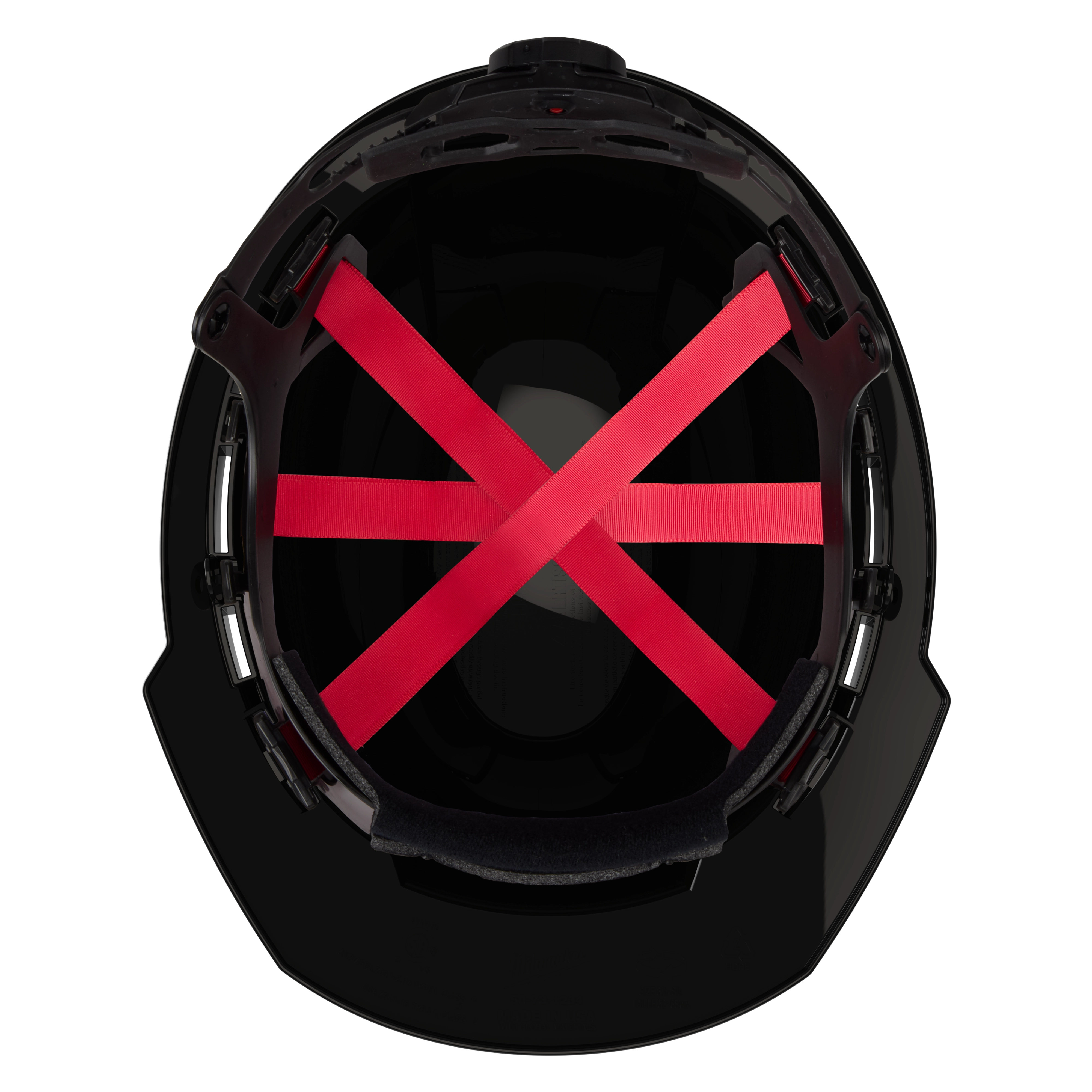 Top view of a black helmet interior showing red straps and padding.