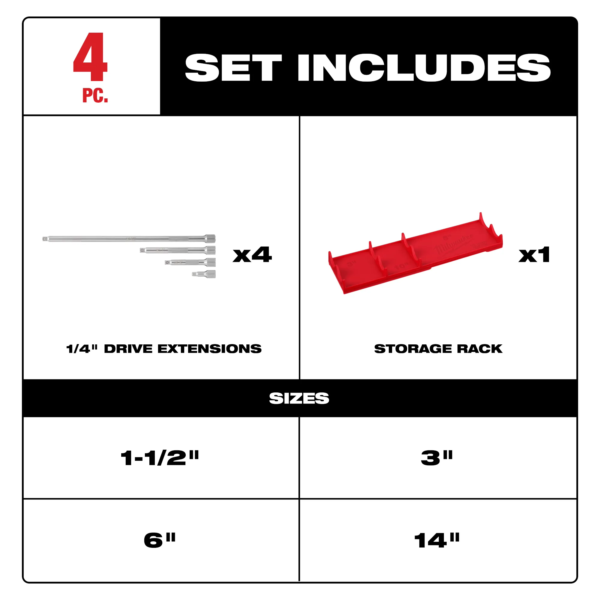 Includes image of the Milwaukee 4pc 1/4” Drive Extension Set