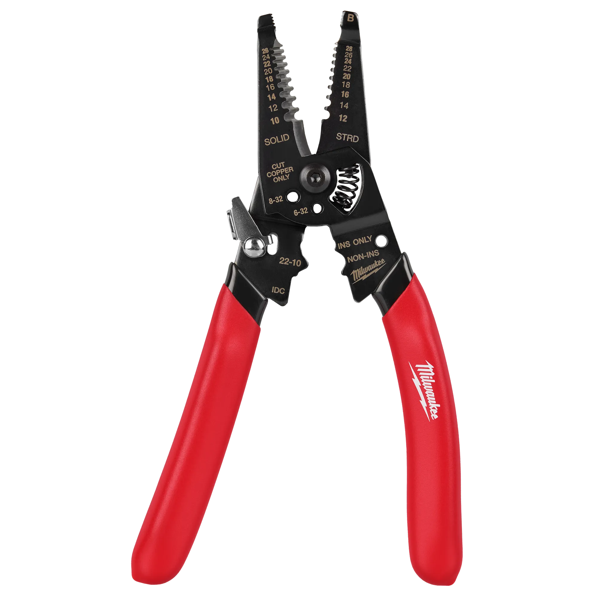 The 10-28 AWG Multi-Purpose Dipped Grip Wire Stripper & Cutter with Reinforced Head with the head open