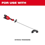 Red and black string trimmer displayed with the text "FOR USE WITH STRING TRIMMERS" above and below it.