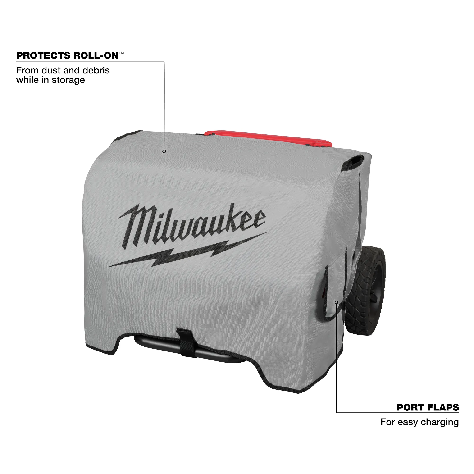 Walkaround image of the Milwaukee ROLL-ON 7200W/3600W 2.5KWH Power Supply with Cover highlighting its USPs