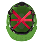 Inside view of a green safety helmet with red straps and black padding.