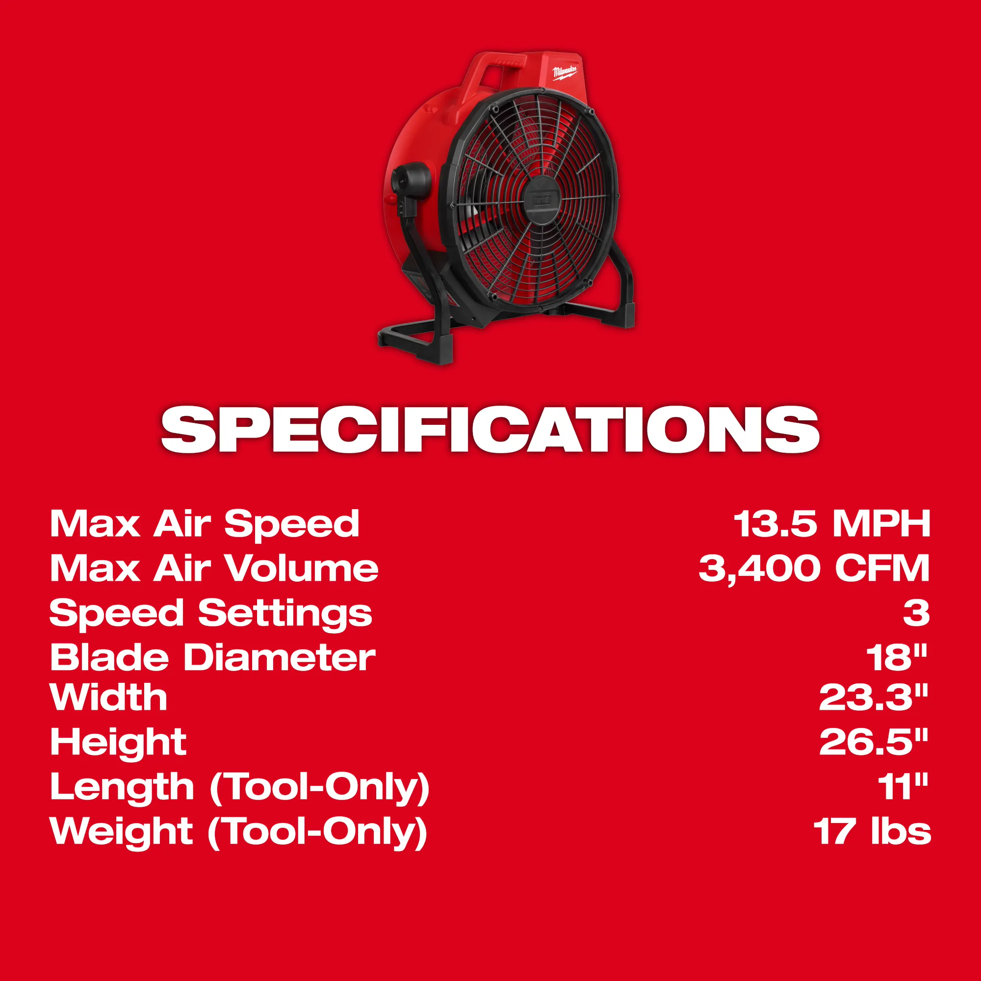 Cordless jobsite fan specifications