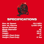 Cordless jobsite fan specifications