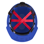 Interior view of a blue safety helmet with red straps.