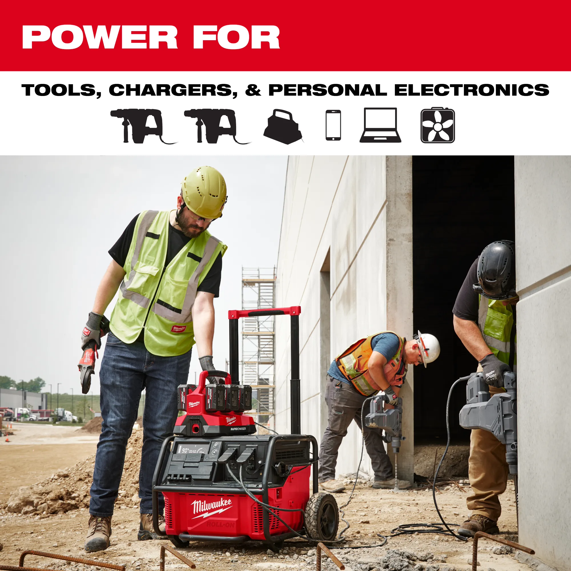 Image of the Milwaukee ROLL-ON 7200W/3600W 2.5KWH Power Supply on a jobsite with the text "Power for tools, chargers, & personal electronics"