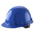 A blue construction hard hat with a black adjustable strap at the back.