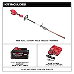 Kit includes the M18 FUEL Short Pole Hedge Trimmer, an M18 REDLITHIUM FORGE XC8.0 Battery, an M18 & M12 Rapid Charger, and a blade sheath