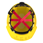 Yellow hard hat interior with red suspension straps and black padding.