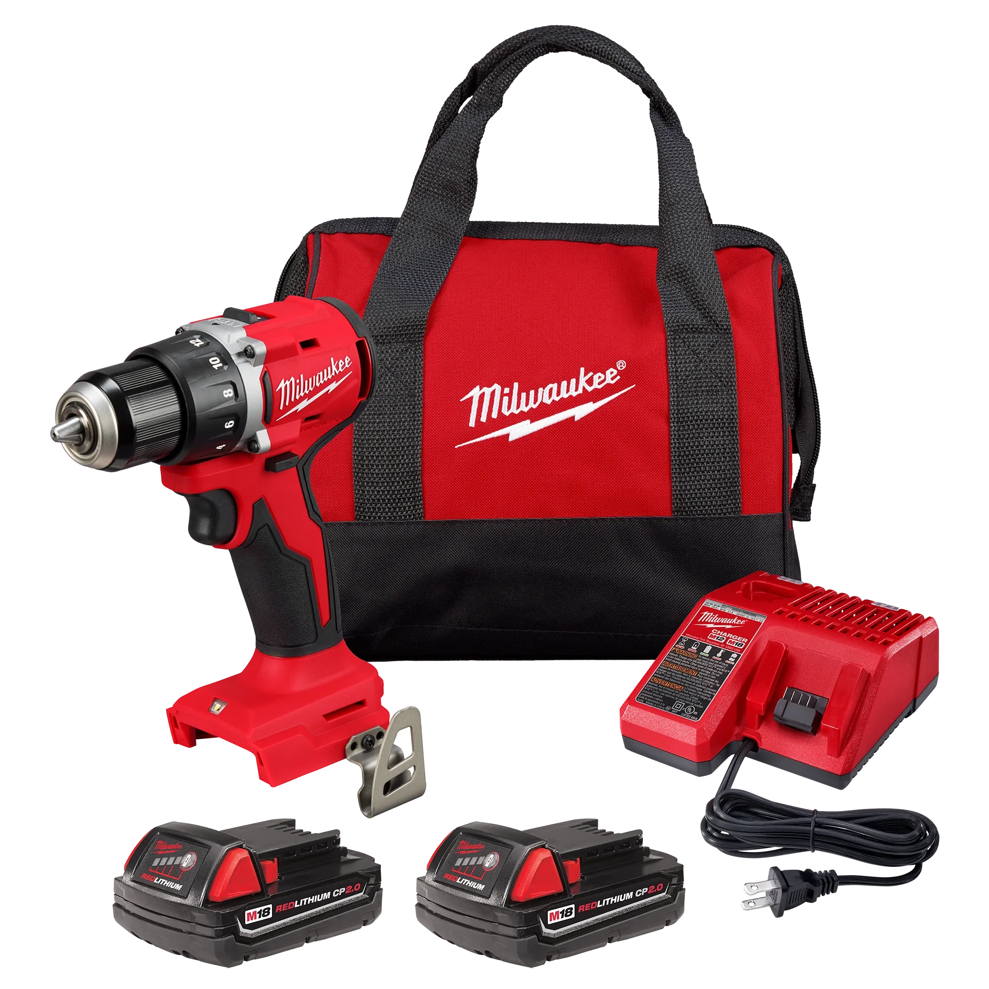 M18 Compact Brushless 1/2" Drill/Driver, carrying case, two batteries, and a charger