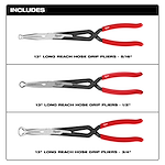 Includes (1) 5/16", 1/2" and 3/4" long reach hose grip pliers