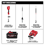 The image shows the M18 FUEL™ Pole Saw w/ QUIK-LOK™ Kit, consisting of: M18 FUEL™ Power Head with QUIK-LOK™, M18 FUEL™ QUIK-LOK™ 10" Pole Saw Attachment, M18 FUEL™ QUIK-LOK™ 3' Attachment Extension, M18™ REDLITHIUM™ FORGE™ XC8.0 Battery, and an M18™ & M12™ Rapid Charger.