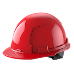 Red construction hard hat with a brim and adjustable interior suspension system.