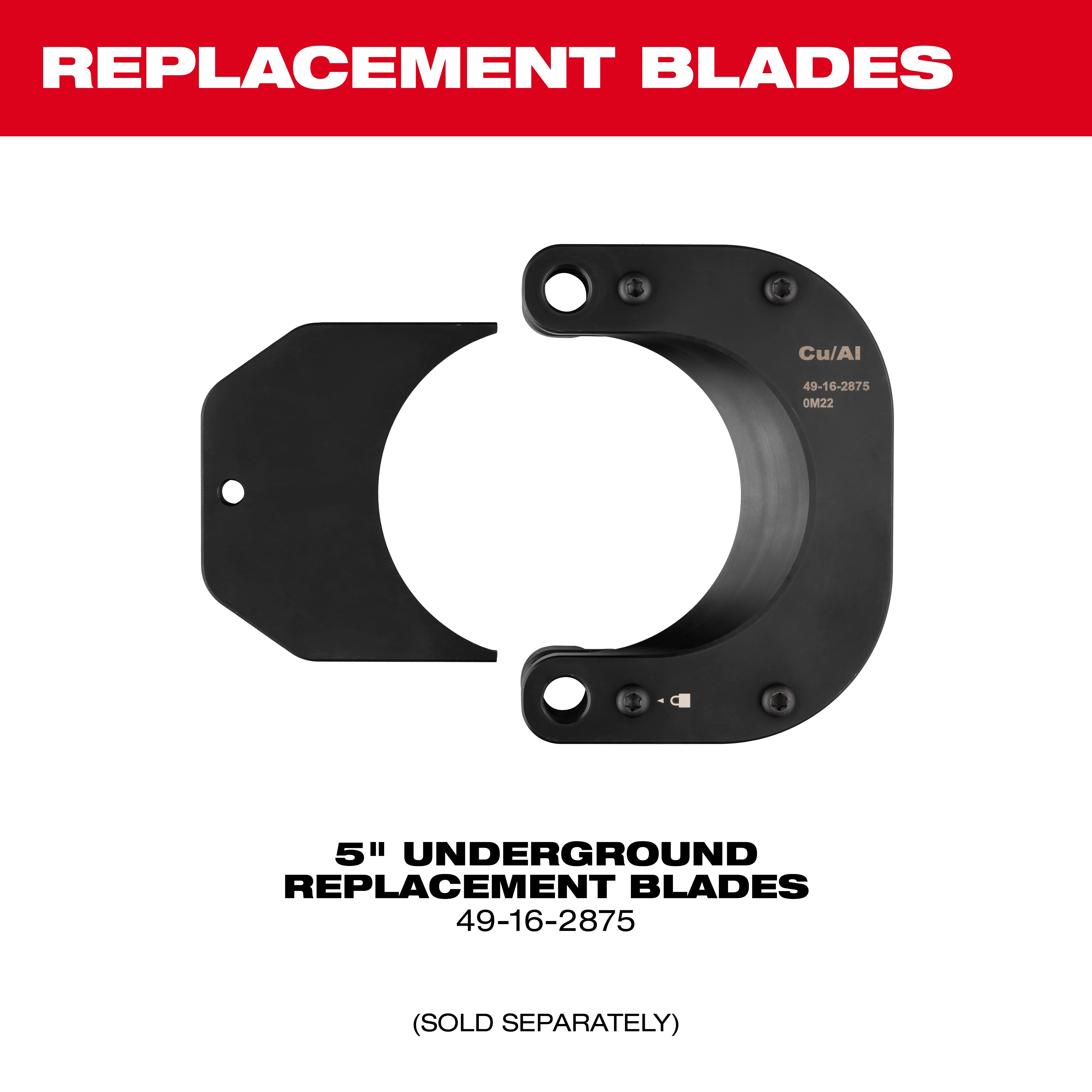 "5-inch underground replacement blades with part number 49-16-2875. Text reads 'REPLACEMENT BLADES' and 'SOLD