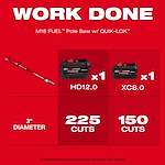 Image displaying the M18 FUEL™ Pole Saw w/ QUIK-LOK™. Alongside the pole saw are two battery models: HD12.0 (1 unit) and XC8.0 (1 unit). Below the batteries, it indicates that the saw can make 225 cuts with HD12.0 and 150 cuts with XC8.0 on a 3-inch diameter. The background is red with text "WORK DONE" at the top.