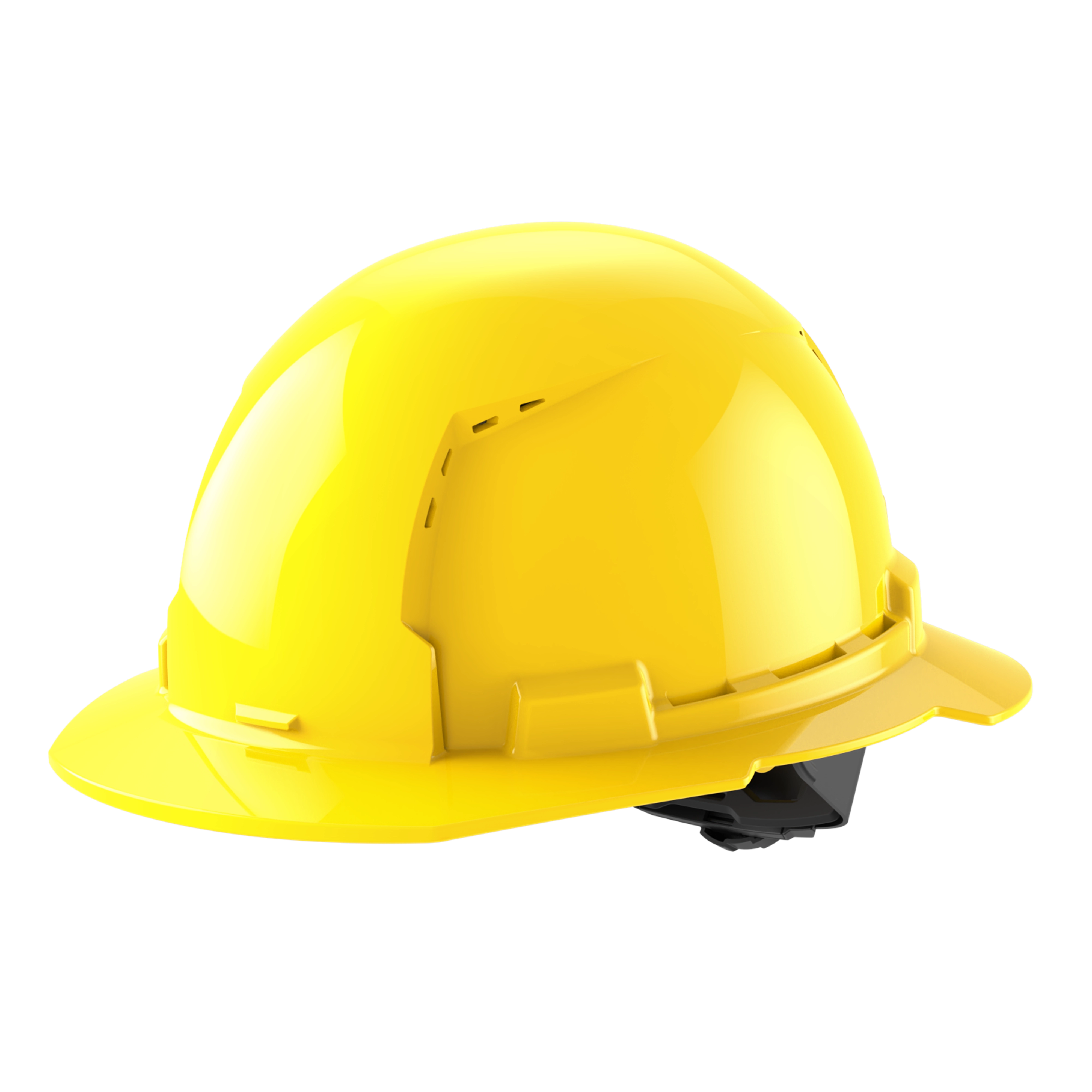 Yellow construction hard hat, side view, with a brim and internal adjustment strap.