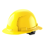 Yellow construction hard hat, side view, with a brim and internal adjustment strap.