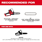 The image displays a recommendation for the M18 Fuel Hatchet 8" Pruning Saw (model 3004-20) and an 8" 3/8" Low Profile Pitch, .043" Gauge Saw Chain (model 49-16-2750). It mentions that these tools are for use with narrow kerf bars with similar specifications. A graphic of a saw is also included in the design.