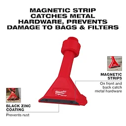 Image of the AIR-TIP™ Magnetic Utility Nozzle. It's red with magnetic strips on the front and back to catch metal hardware. Text highlights features: a magnetic strip prevents damage to bags and filters, and black zinc coating prevents rust. The brand "Milwaukee" is visible on the nozzle.