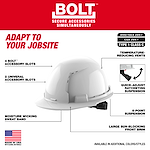 The image features a BOLT™ White Front Brim Vented Hard Hat with 6-point Ratcheting Suspension (USA) - Type 1, Class C. The hat includes 4 BOLT™ accessory slots, 2 universal accessory slots, temperature-reducing vents, a quick-adjust ratcheting suspension, a 6-point suspension, a large sun-blocking front brim, and a moisture-wicking sweatband. The hat is made in the USA with global materials and meets ANSI/ISEA Z89.1 and CSA Z94.1 standards.