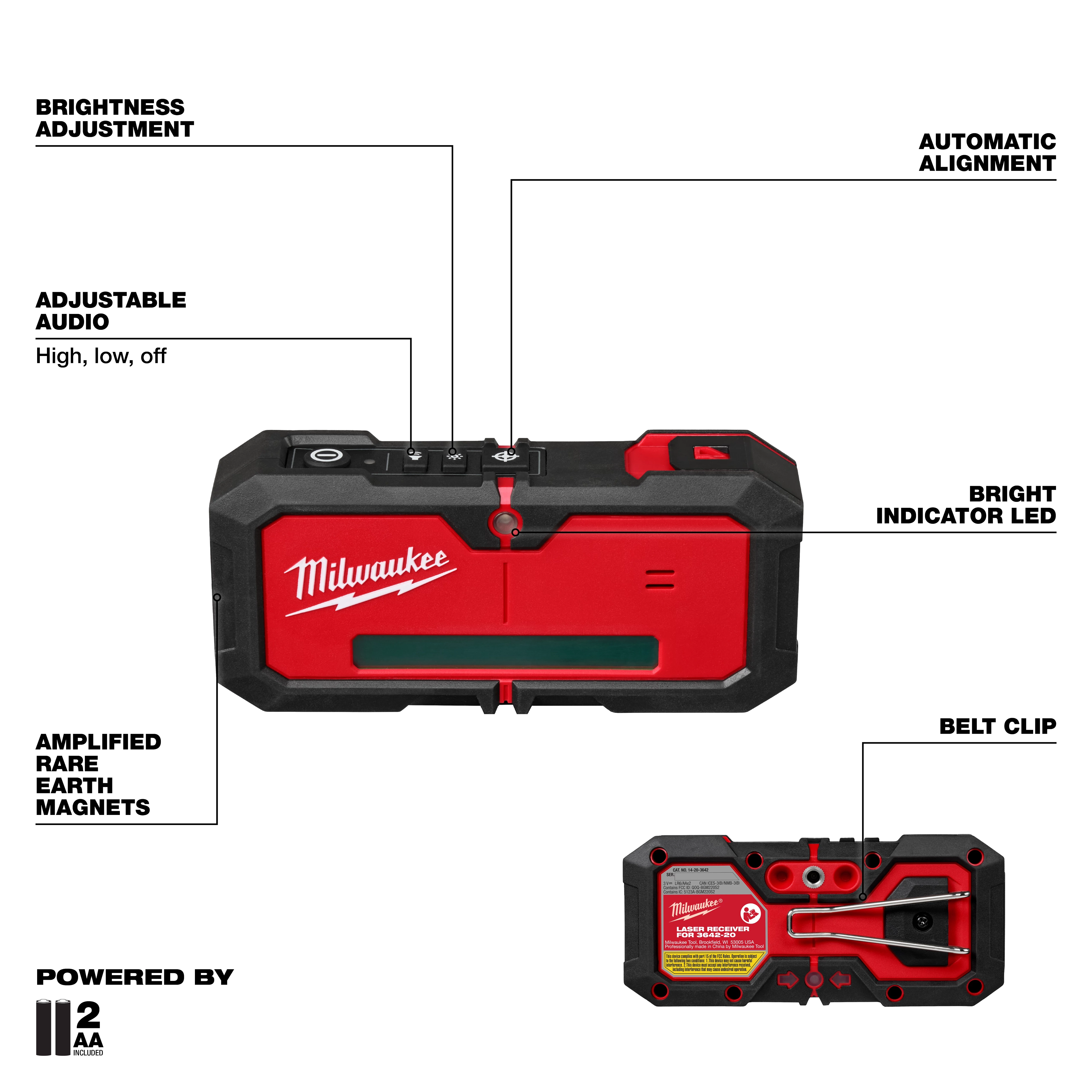 A red and black Milwaukee tool labeled M12™ Green 360° 3-Plane Laser with Automatic Alignment & Receiver. Features include brightness adjustment, adjustable audio, amplified rare earth magnets, automatic alignment, a bright indicator LED, and a belt clip. Powered by two AA batteries.