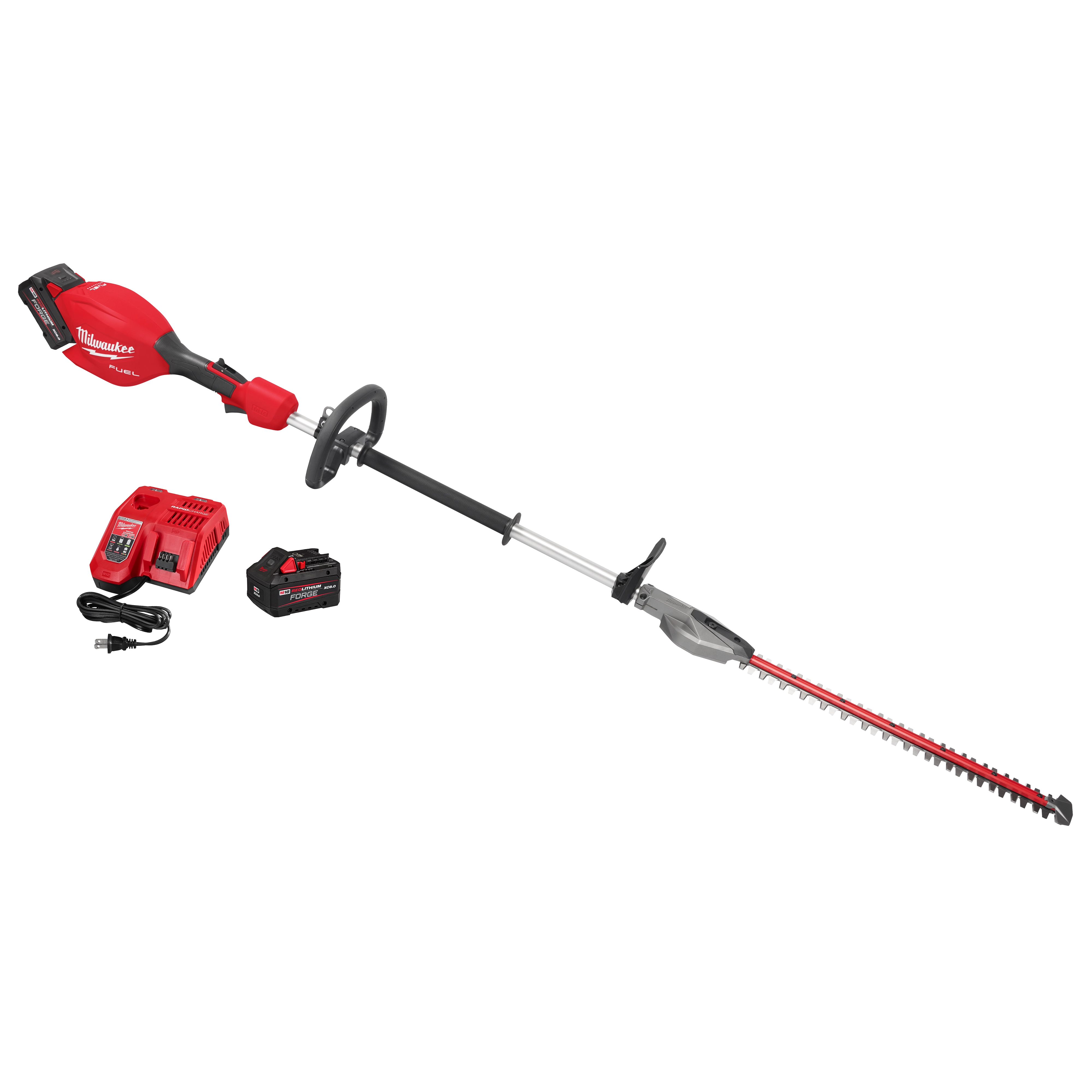 The image shows an M18 FUEL™ Short Pole Hedge Trimmer Kit, which includes a red and black pole hedge trimmer with a long shaft and blade, a battery pack, a charger, and a power cord. The trimmer features a handle for easy grip. All components are arranged neatly for display.