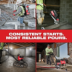 Four workers operate various concrete tools. Text overlay in the center reads "CONSISTENT STARTS. MOST RELIABLE POURS."