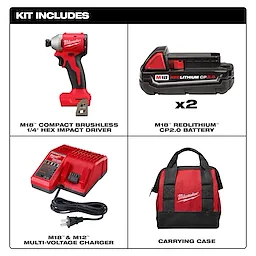 Includes 1 M18 Compact Brushless 1/4" Hex Impact Driver, 2 CP2.0 batteries, M18 & M12 charger, & a carrying case