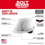 Digital poster showcasing the BOLT™ White Front Brim Vented Hard Hat w/4pt Ratcheting Suspension (USA) - Type 1, Class C. It features labeled components including 4 BOLT™ accessory slots, 2 universal accessory slots, temperature-reducing vents, a quick-adjust ratcheting suspension, a moisture-wicking sweatband, 4-point suspension, and a large sun-blocking front brim. There’s also a 'Made in USA' label and certification details (ANSI/ISEA Z89.1, CSA Z94.1). The tagline says, "Adapt to Your Jobsite."