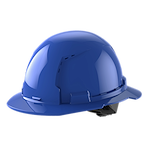 A blue construction hard hat with a glossy finish.