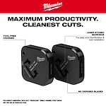 Milwaukee tool parts with laser-etched markings, designed for tool-free changes and no exposed blades, ensuring clean cuts.