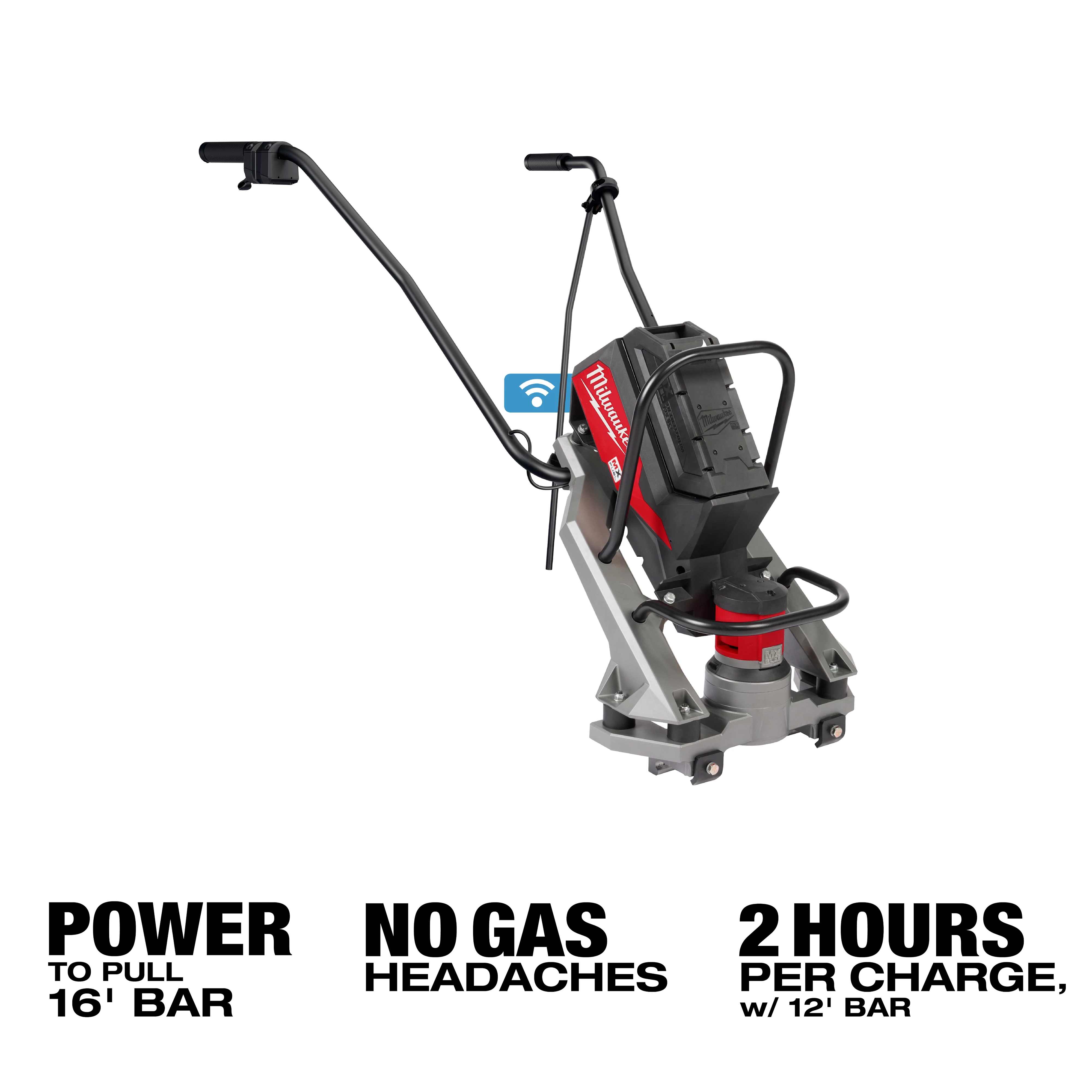 The image shows an MX FUEL™ Vibratory Screed with handlebar, motor unit, and base. Text reads "POWER TO PULL 16' BAR," "NO GAS HEADACHES," and "2 HOURS PER CHARGE, w/ 12' BAR."