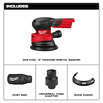 "M18 Fuel 5" Random Orbital Sander with dust bag, universal hose adapter, and edge guard included."